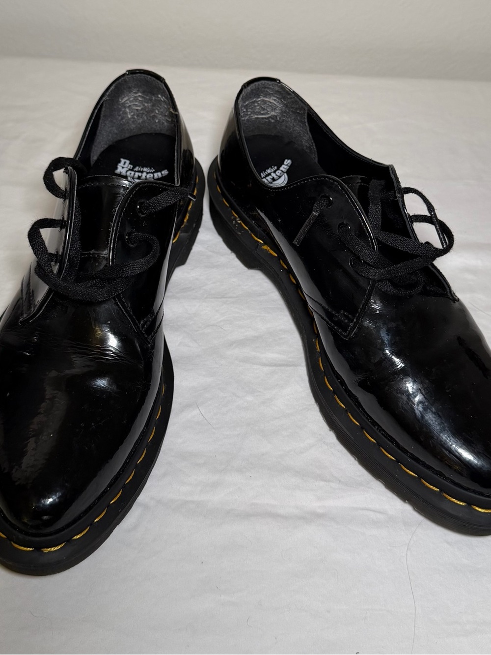 Dr. Martens Black Patent Leather 3-Eye Derby Oxford Shoes with Yellow Stitching